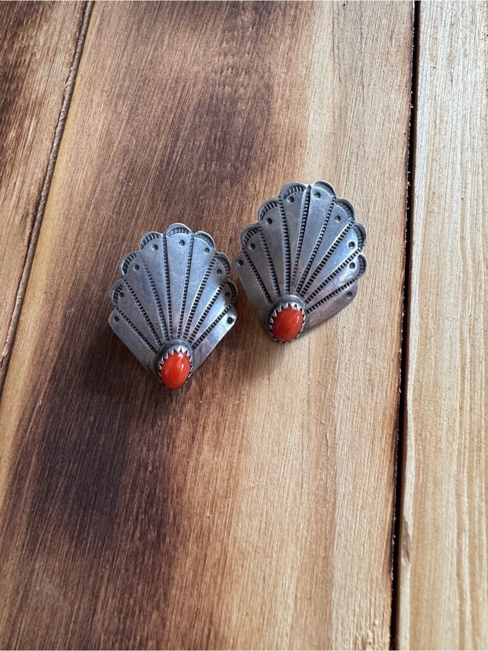Vintage Silver Scalloped Earrings with Red Coral